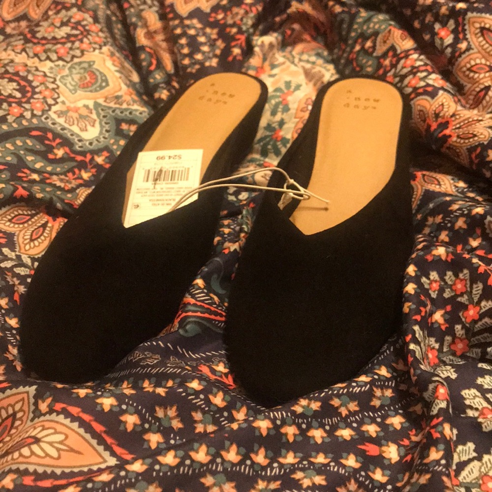 Black faux suede mules